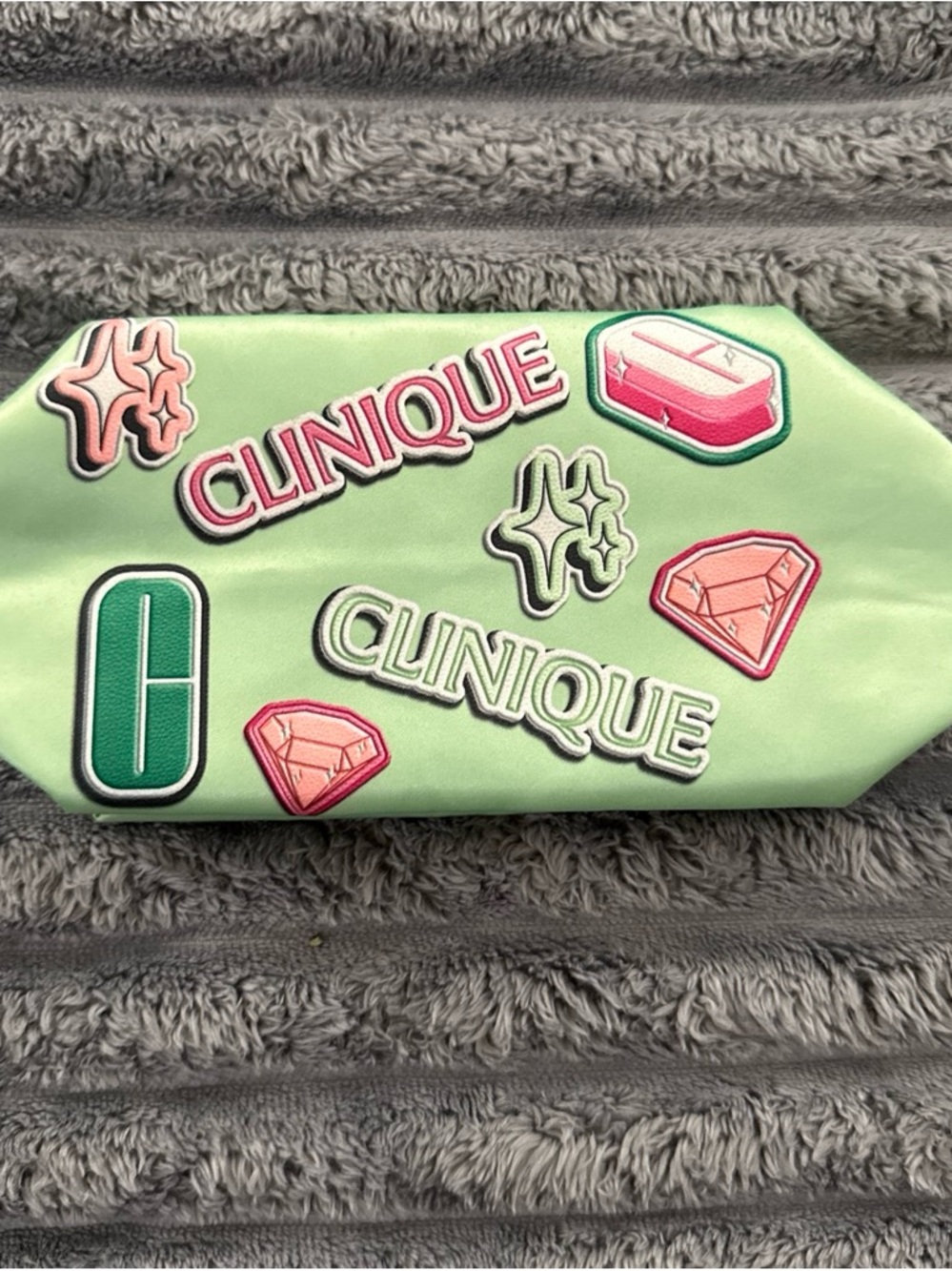 Clinique Mint Green Kids Cosmetic Pouch with Pink Accents and Patch Logos
